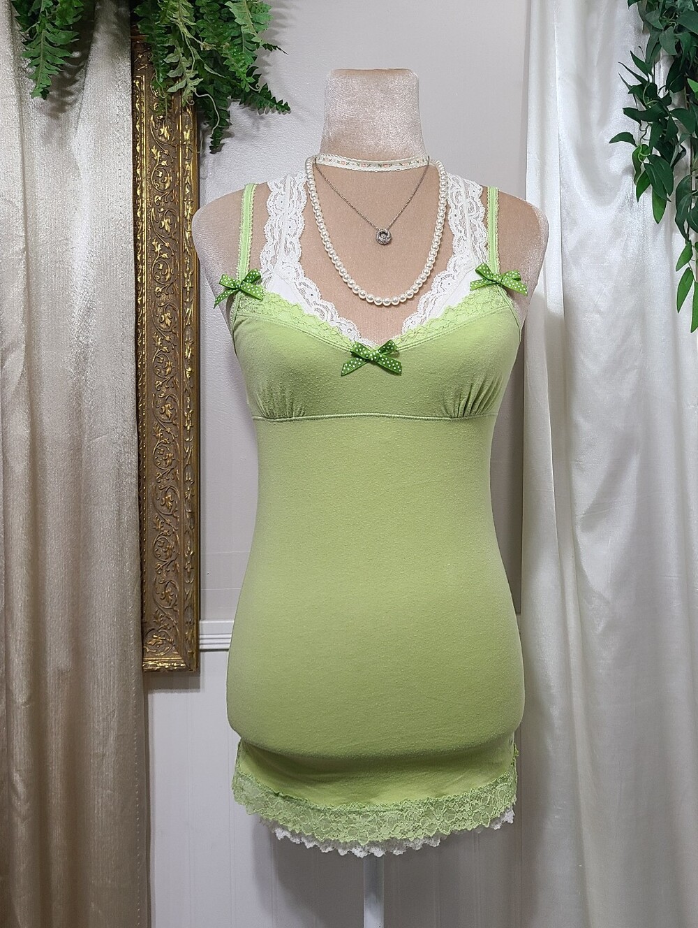 Abercrombie Lace Babydoll Cami Green ♡ Y2K ♡ Empire Waist Summer Tank Top